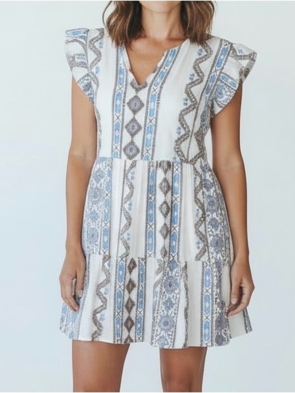 LOFT Petite Boho Dress LP Flutter Sleeve White Blue